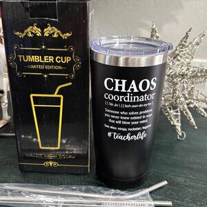 Brand new 20 oz black Chaos Coordinator tumbler cup mug with 2 straws